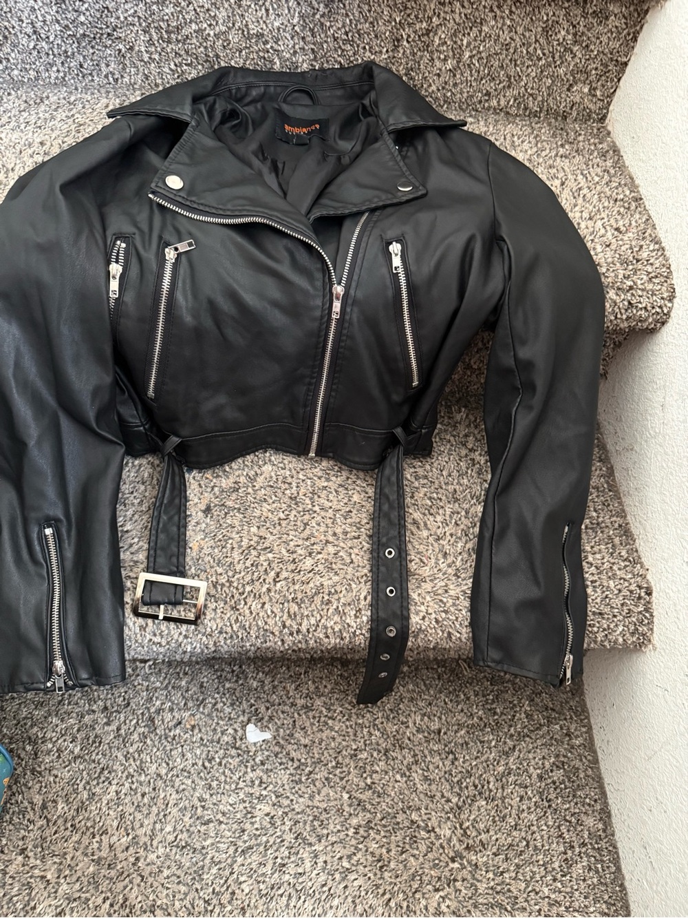 Ambiance Black Cropped Faux Leather Moto Jacket with Belt